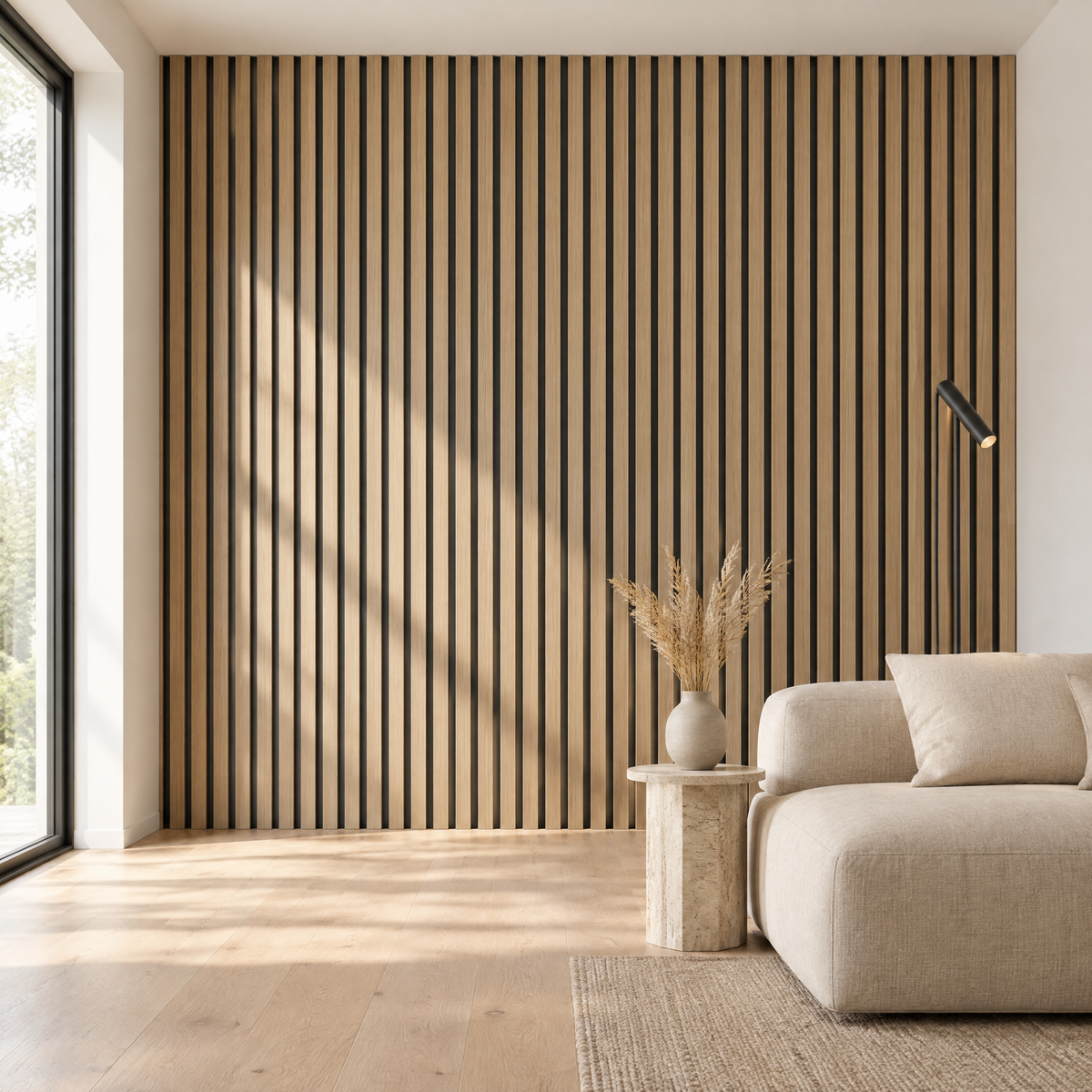 Natúr akusztikus fali panel modern minimalista nappaliban