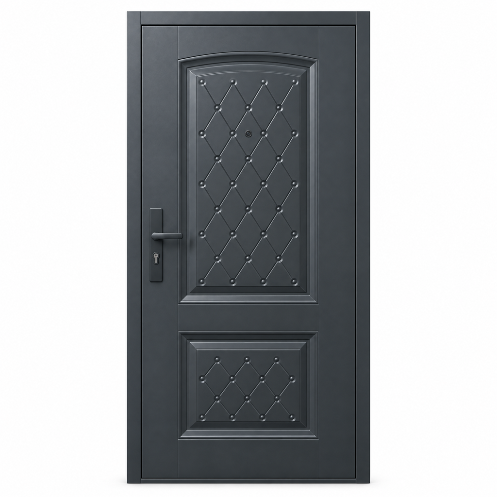IronDOOR34 hőszigetelt biztonsági bejárati ajtó antracit színben, fehér háttéren