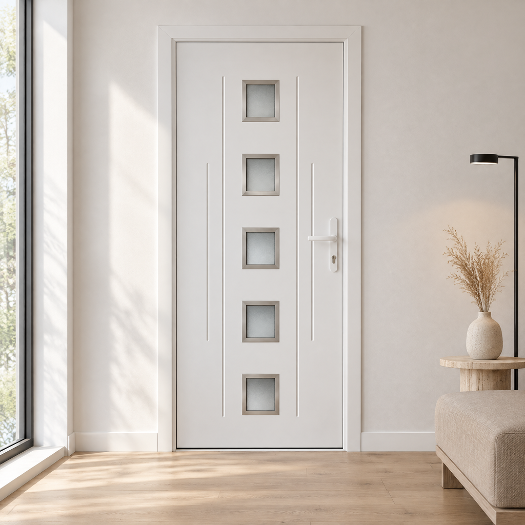 Inox-fehér műanyag bejárati ajtó modern minimalista előtérben