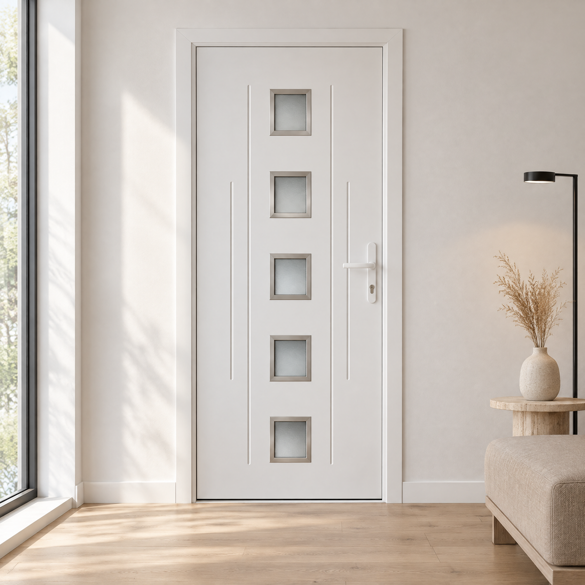 Inox-fehér műanyag bejárati ajtó modern minimalista előtérben