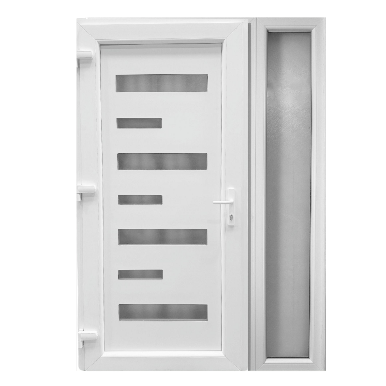 Kétszárnyú Műanyag bejárati ajtó - vékony csíkos kivitel - 70mm-es profil, 24mm-es panel, 2 rétegű üveg, zártszelvény merevítéssel