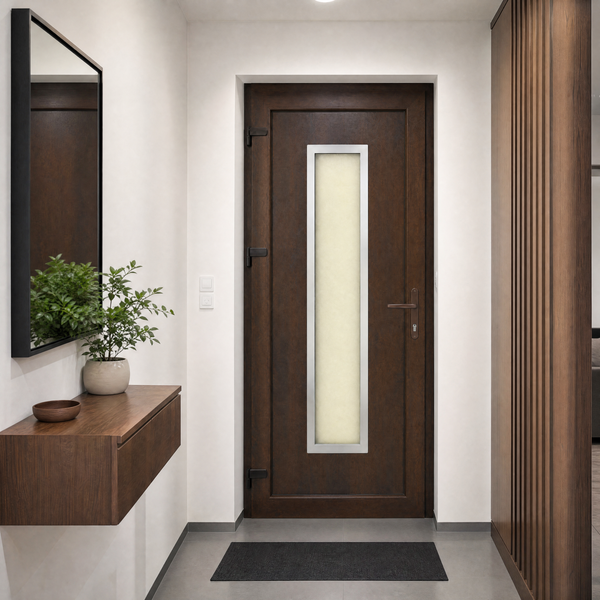 Műanyag bejárati ajtó - Dió-inox kivitel - 70mm-es profil, 24mm-es panel