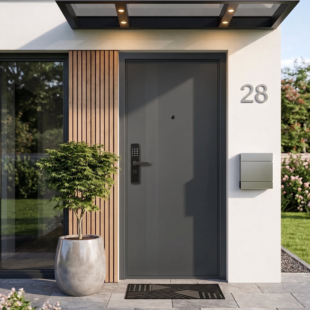 Ușă de intrare de siguranță termoizolată IronDOOR01 98x208cm, antracit, cu închidere inteligentă cu 4 funcții