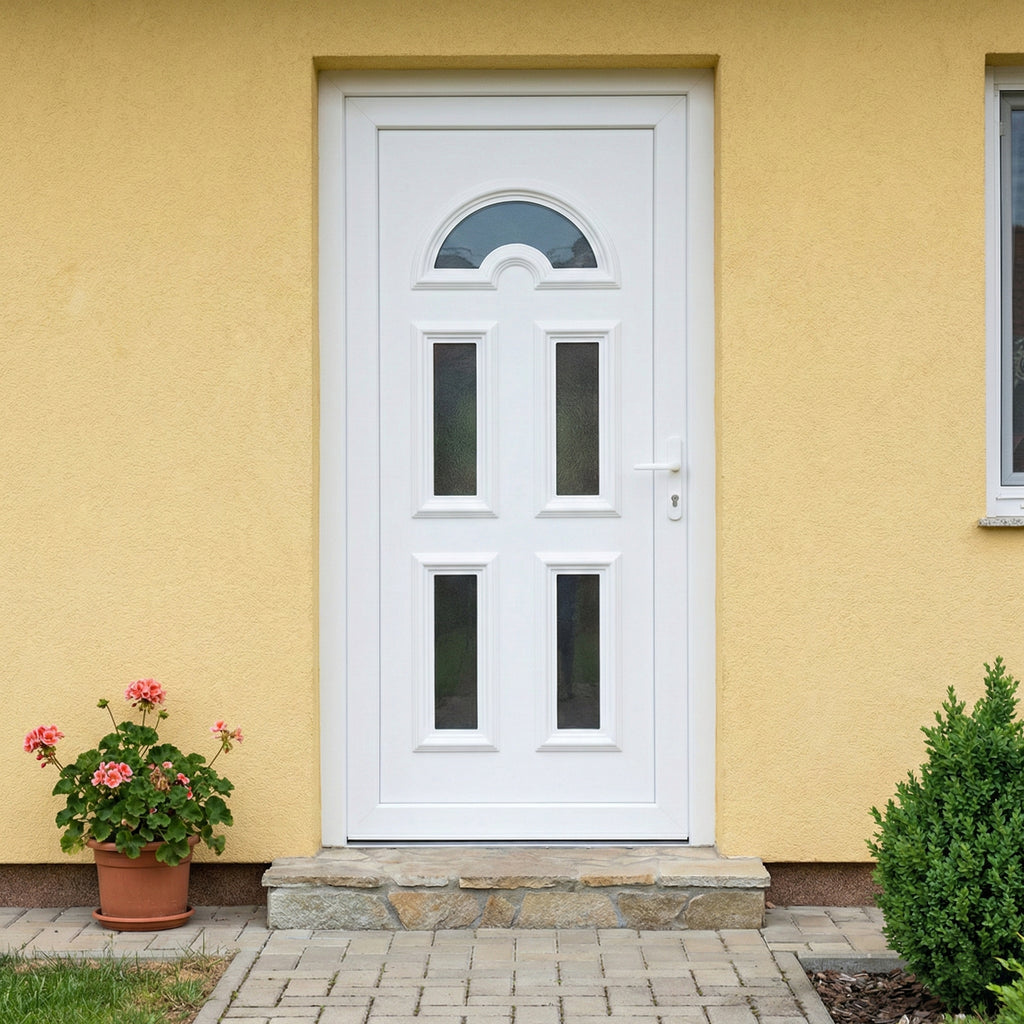 Műanyag bejárati ajtó - Köln5 kivitel - 70mm-es profil, 24mm-es panel, 2 rétegű üveg, acél merevítéssel